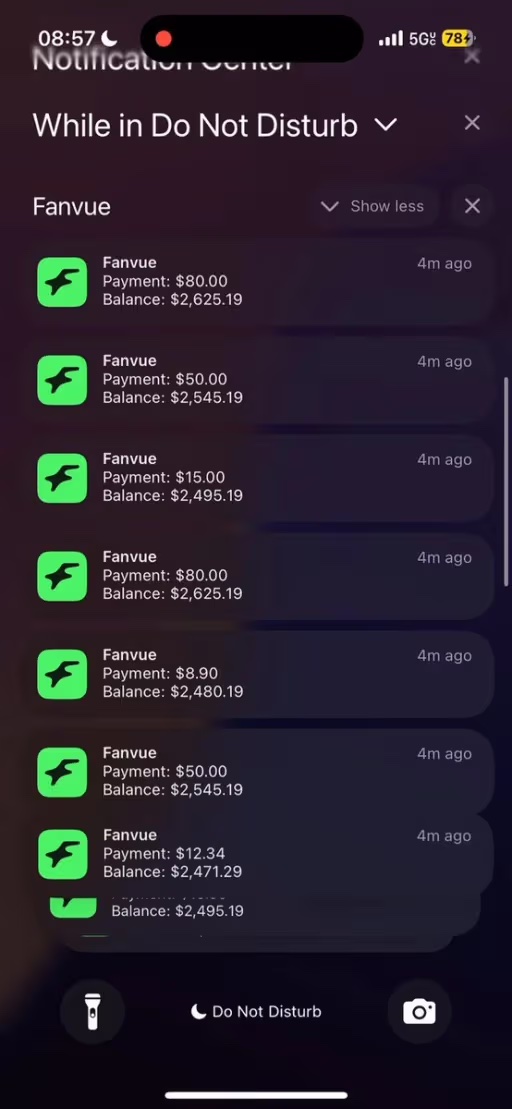 Notificações de pagamento do Fanvue no celular